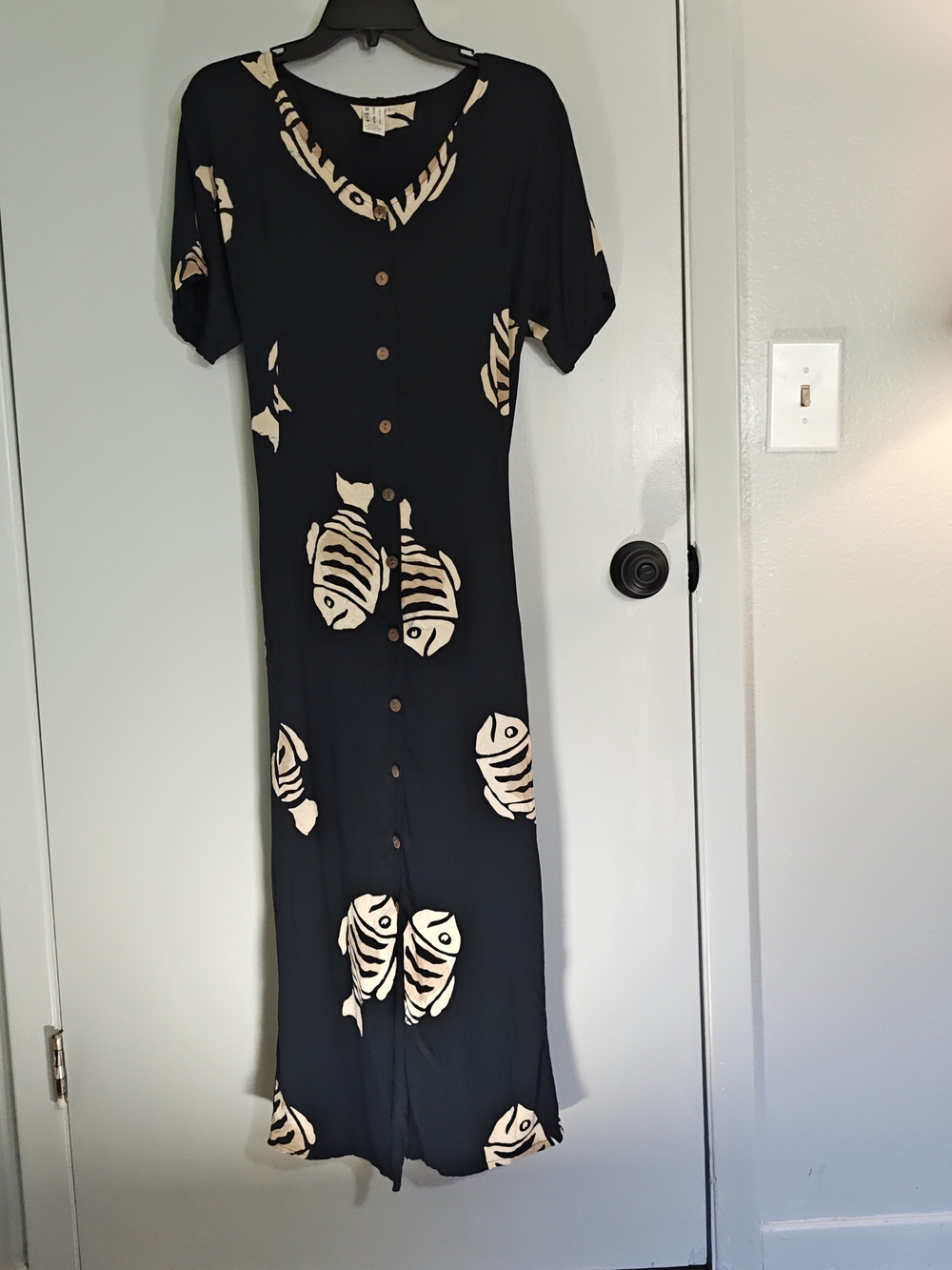 Vintage Batik Fish Print Maxi   Button-Front Dress with Tie Waist Size Large